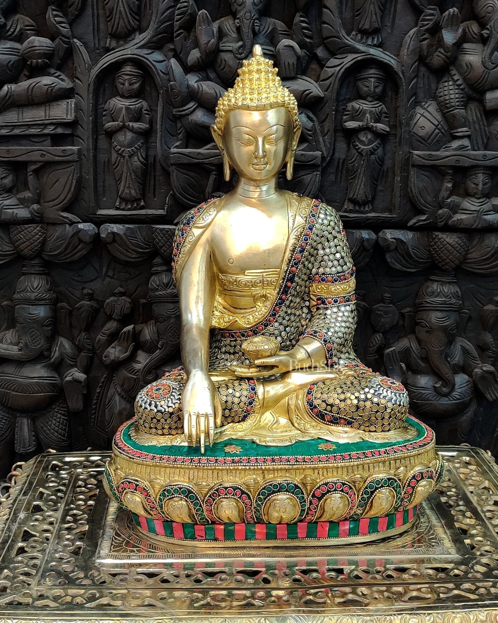 Hand-Carved Brass Buddha Statue - Earth Touching Mudra, 16" - Sama Homes Idol - Brass Sculpture - Eco-friendly - Sama Homes