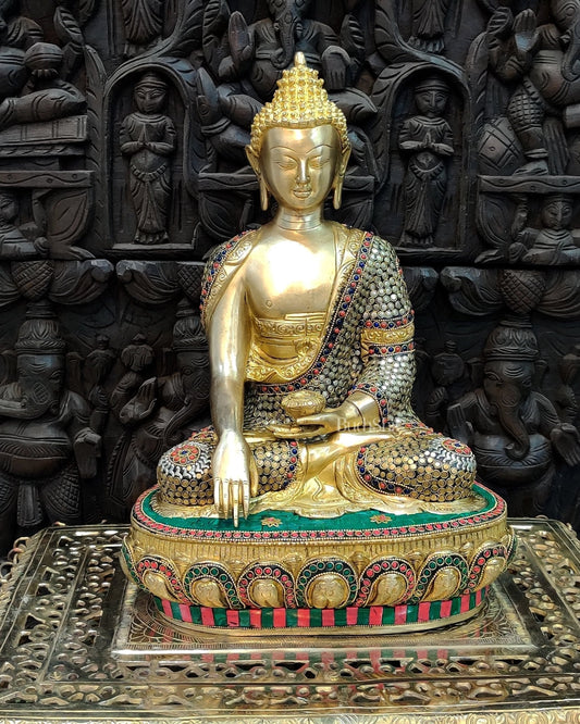 Hand-Carved Brass Buddha Statue - Earth Touching Mudra, 16" - Sama Homes Idol - Brass Sculpture