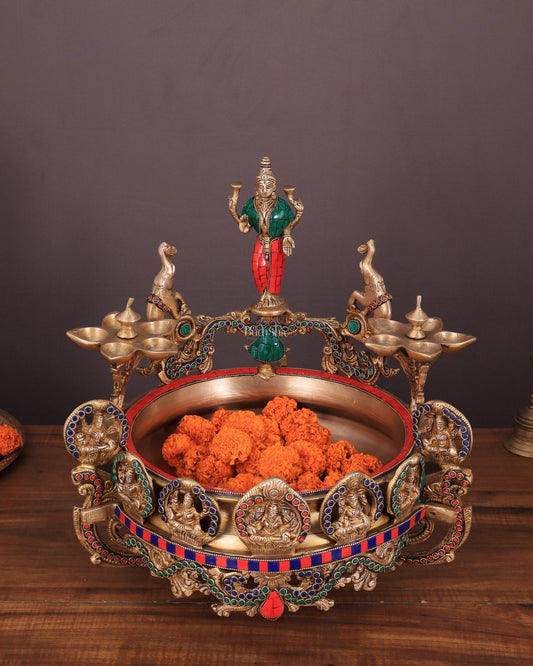 Handcrafted Ashtalakshmi Brass Urli with Diyas | Height: 16 Inch with stonework - Sama Homes Idol - Brass Sculpture