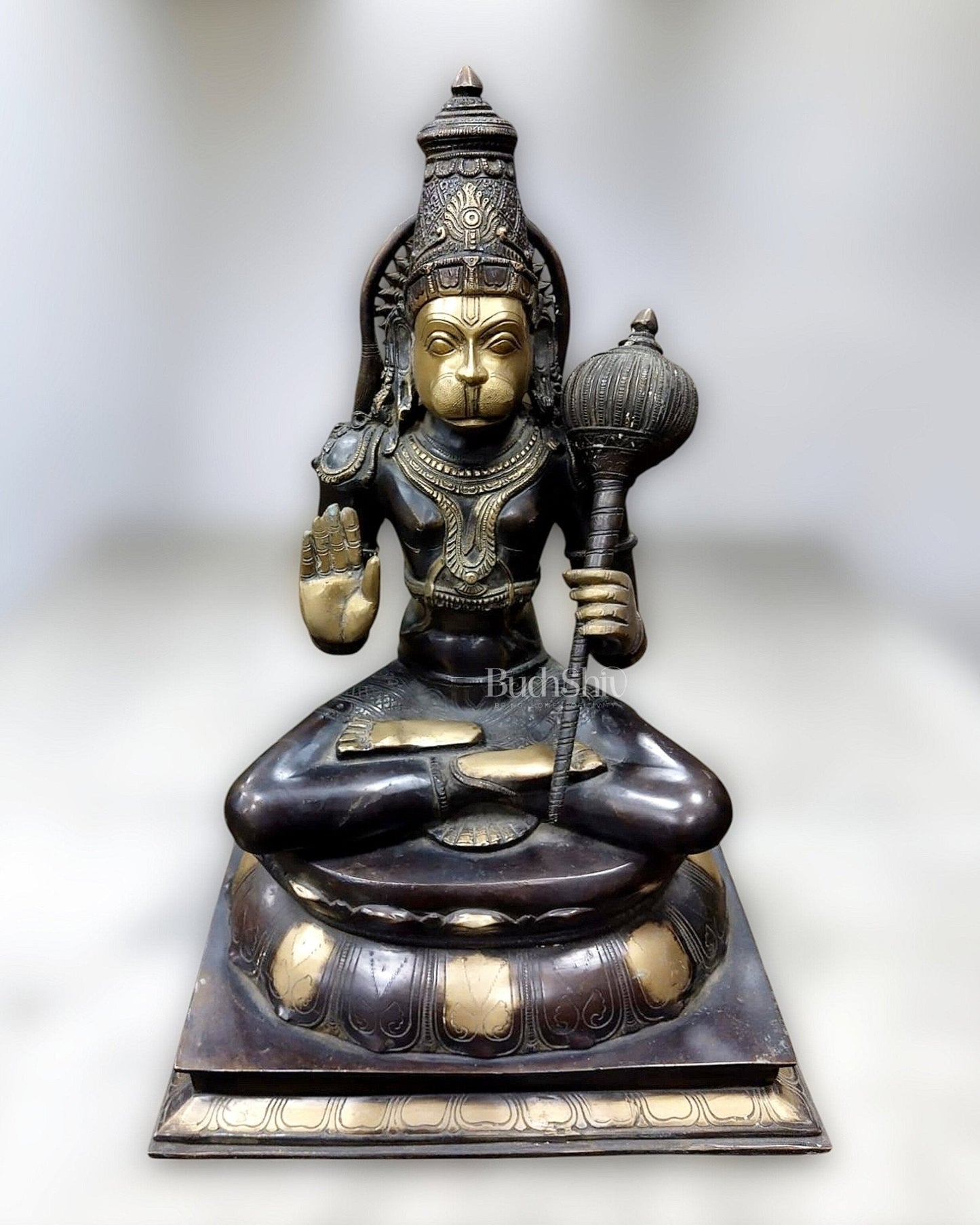 Handcrafted Brass Blessing Hanuman Sculpture - 18" Height, Antique Black Tone - Sama Homes Idol - Brass Sculpture