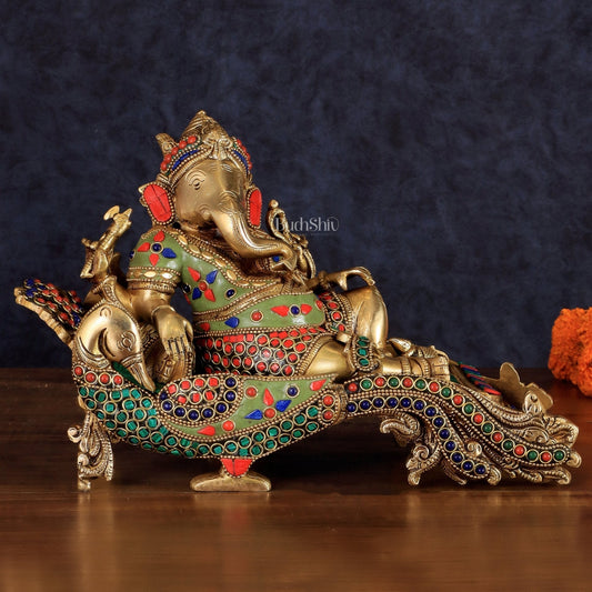 Handcrafted Brass Ganapathi Statue on Peacock Throne statue - Sama Homes Idol - Brass Sculpture