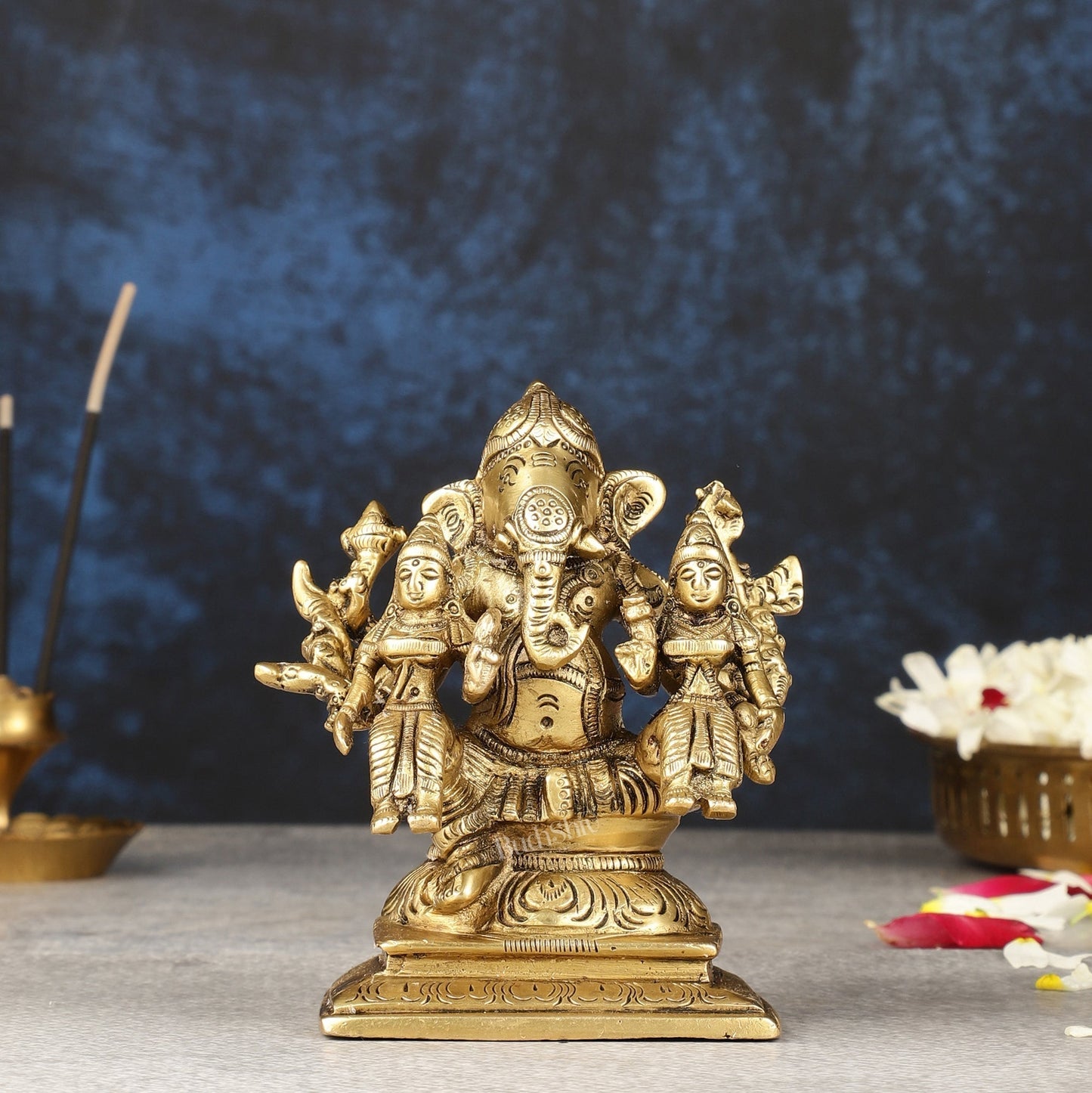 Handcrafted Brass Ganapathi with Wives Riddhi and Siddhi - 4.5 inches - Sama Homes Idol - Brass Sculpture