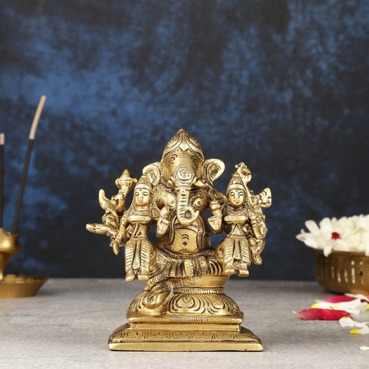Handcrafted Brass Ganapathi with Wives Riddhi and Siddhi - 4.5 inches - Sama Homes Idol - Brass Sculpture