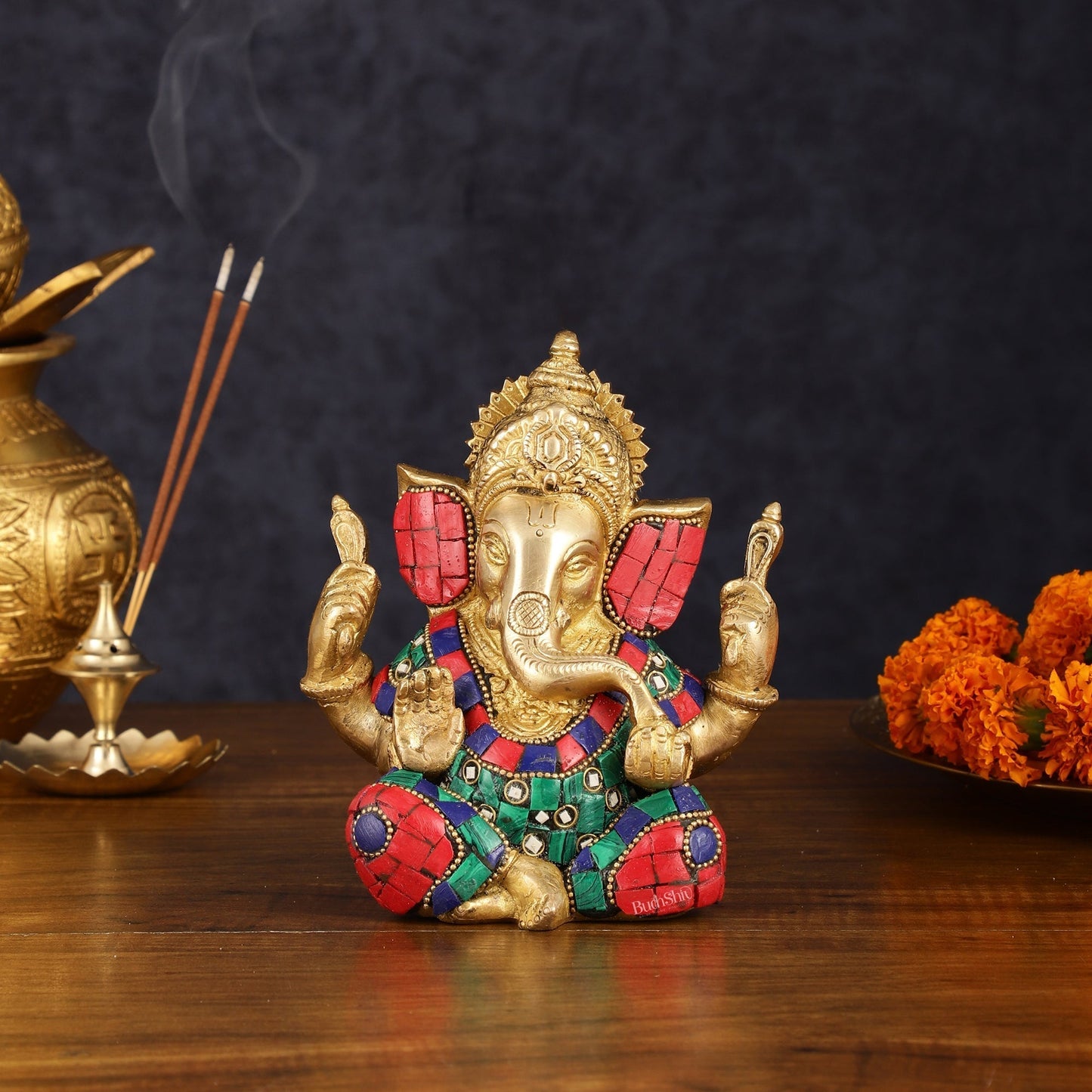 Handcrafted Brass Ganesha Idol with Golden Finish and Stonework - 6" Height - Sama Homes Idol - Brass Sculpture