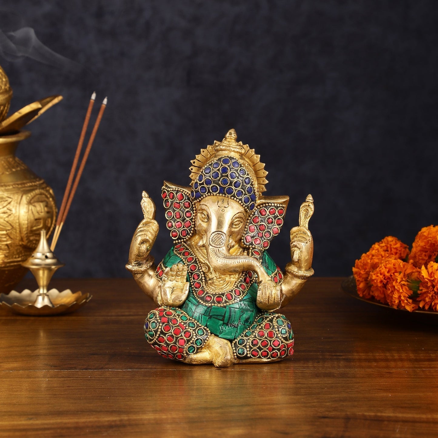 Handcrafted Brass Ganesha Idol with Golden Finish and Stonework, 6" High - Sama Homes Idol - Brass Sculpture