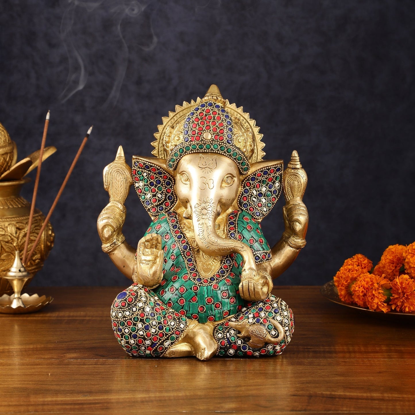 Handcrafted Brass Ganesha Idol with Meenakari Art - 8" Height, Natural Stones - Sama Homes Idol - Brass Sculpture