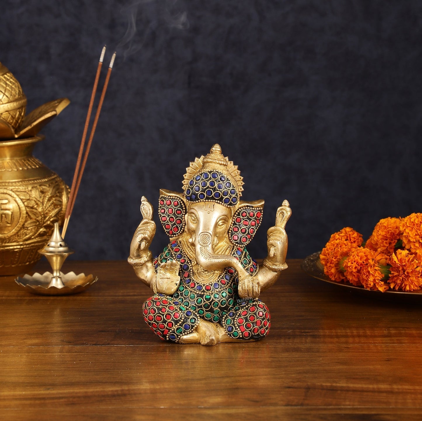 Handcrafted Brass Ganesha Idol with Stonework - 6" Height, Golden Finish - Sama Homes Idol - Brass Sculpture