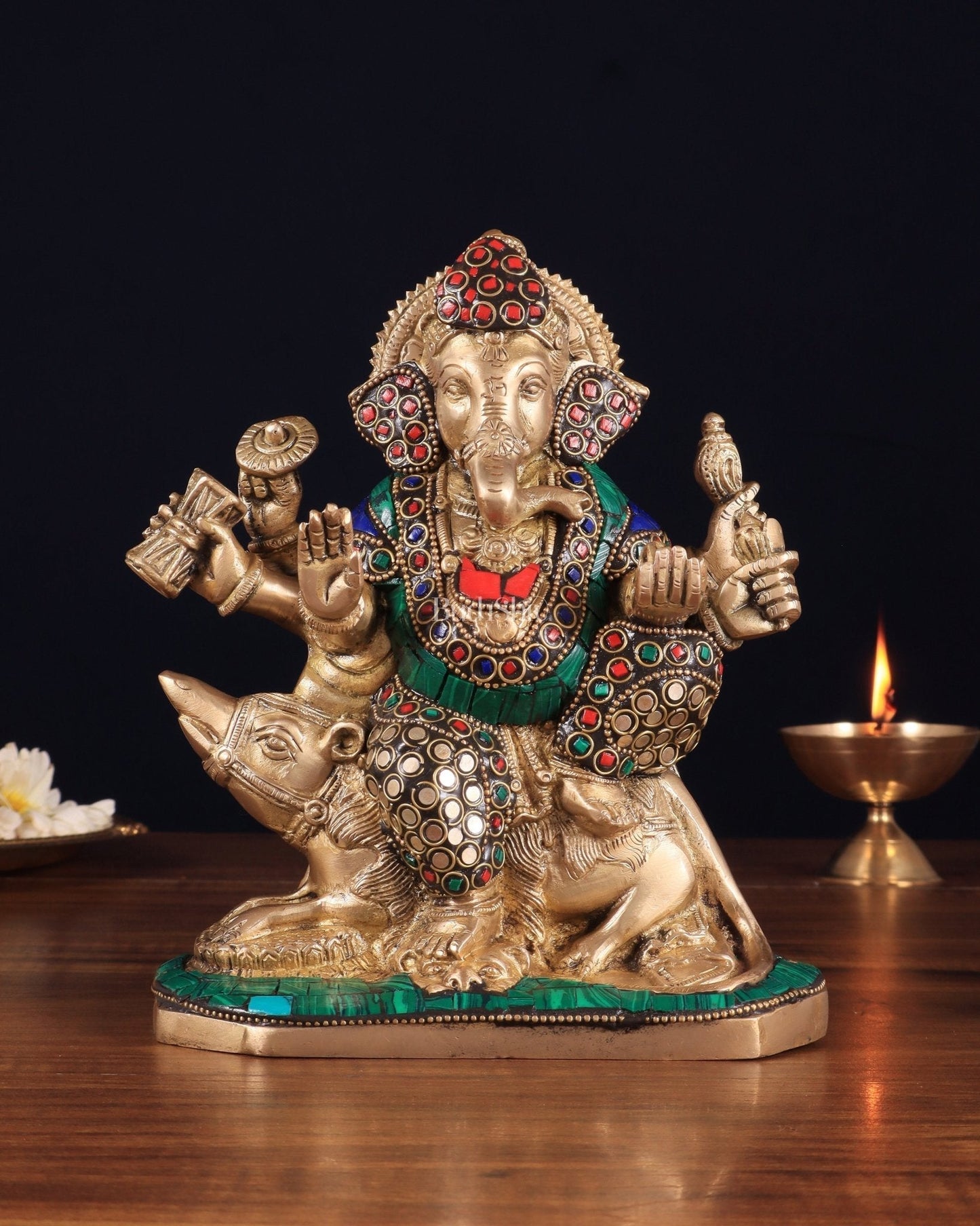 Handcrafted Brass Ganesha on Mooshak with Meenakari Stonework – 8.5" x 6.75" x 3.5" | Divine Elegance - Sama Homes Idol - Brass Sculpture