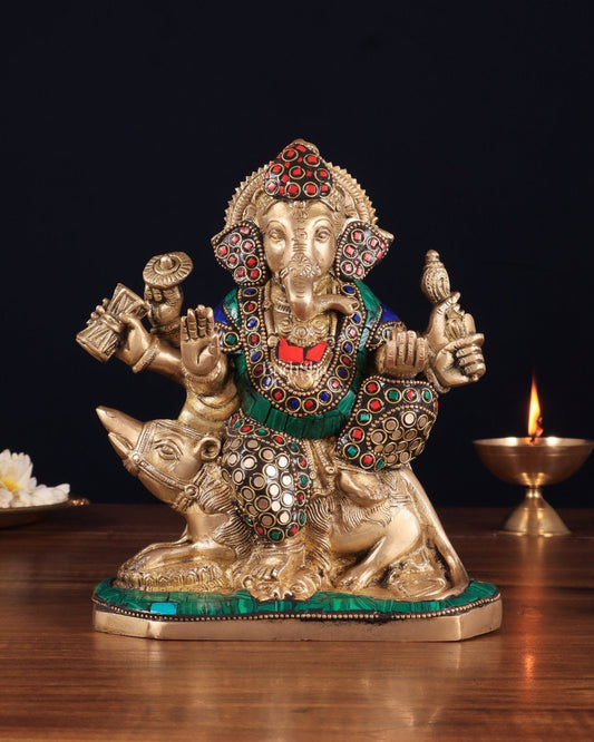 Handcrafted Brass Ganesha on Mooshak with Meenakari Stonework – 8.5" x 6.75" x 3.5" | Divine Elegance - Sama Homes Idol - Brass Sculpture