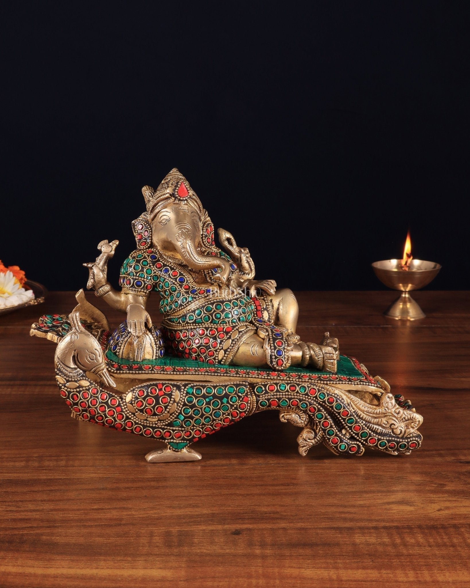 Handcrafted Brass Ganesha Statue on Peacock Throne statue - Sama Homes Idol - Brass Sculpture - Eco-friendly - Sama Homes