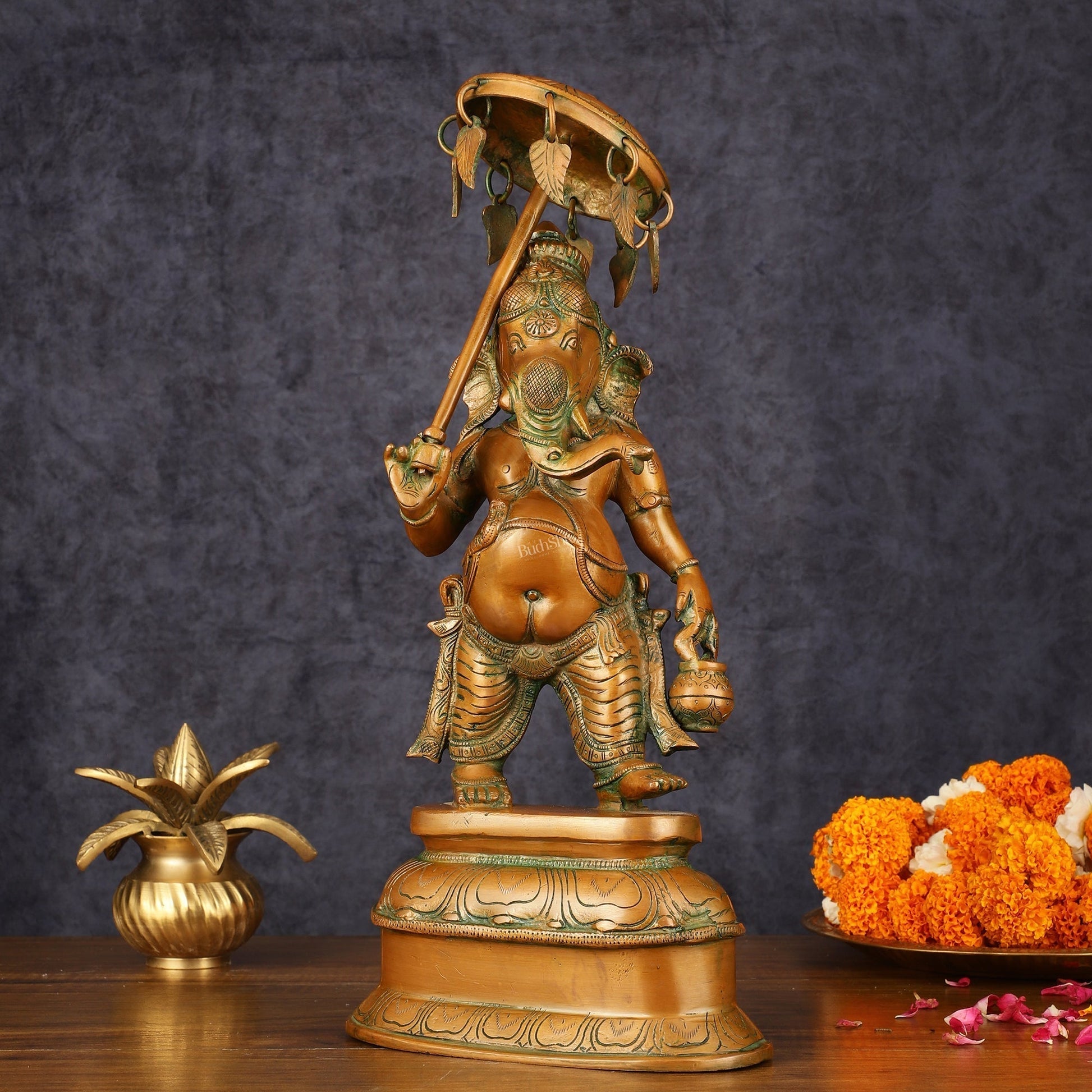 Handcrafted Brass Ganesha Statue with Umbrella and Kamandal - 15" Divine Sculpture - Sama Homes Idol - Brass Sculpture - Eco-friendly - Sama Homes