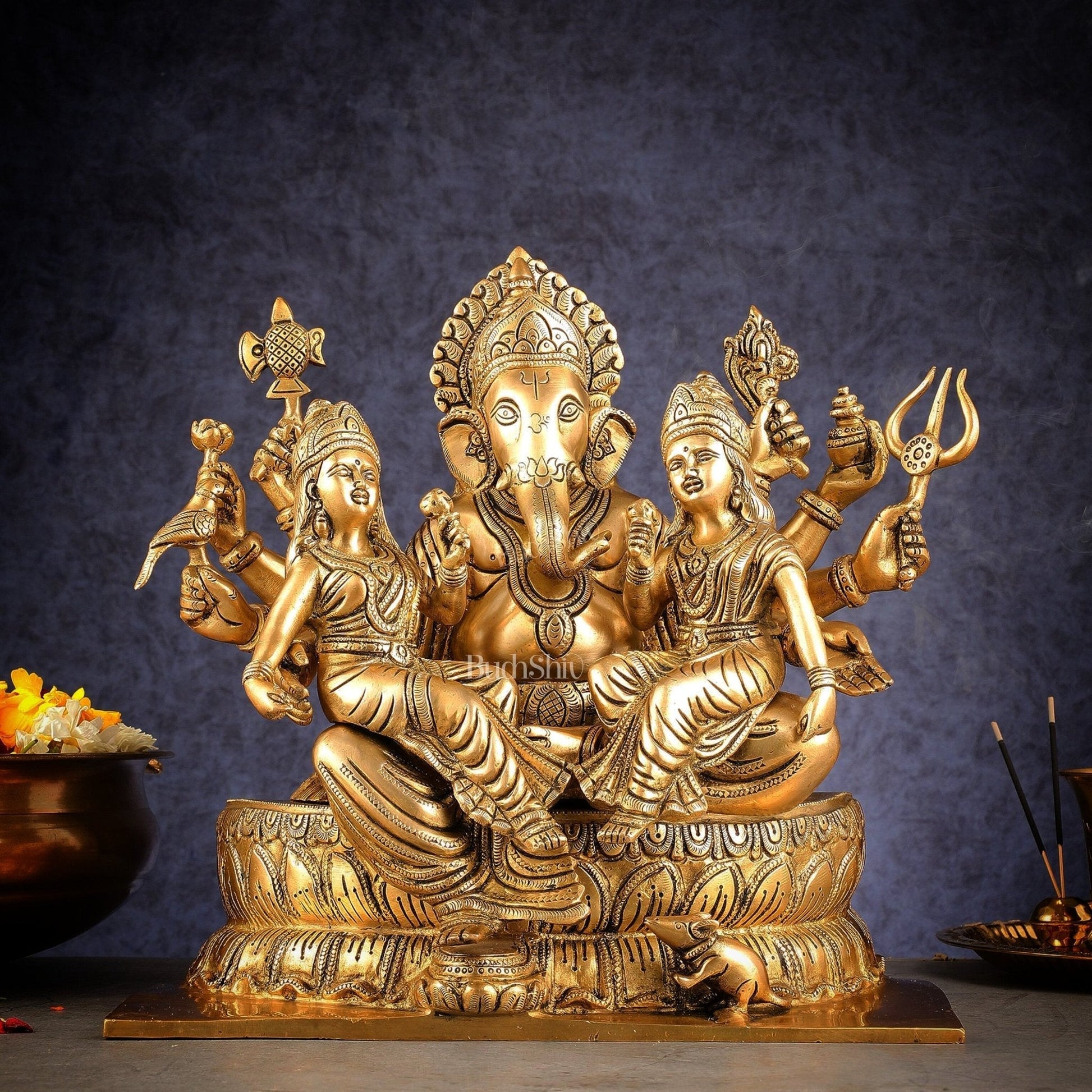 Handcrafted Brass Ganesha with Riddhi and Siddhi – 13.5 Inch - Sama Homes Idol - Brass Sculpture - Eco-friendly - Sama Homes