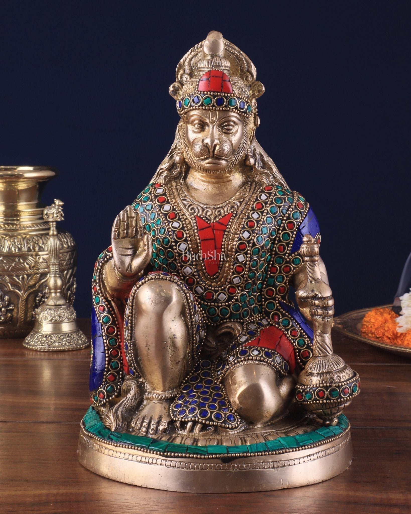 Handcrafted Brass Hanuman Idol - 9" with stonework - Sama Homes Idol - Brass Sculpture - Eco-friendly - Sama Homes