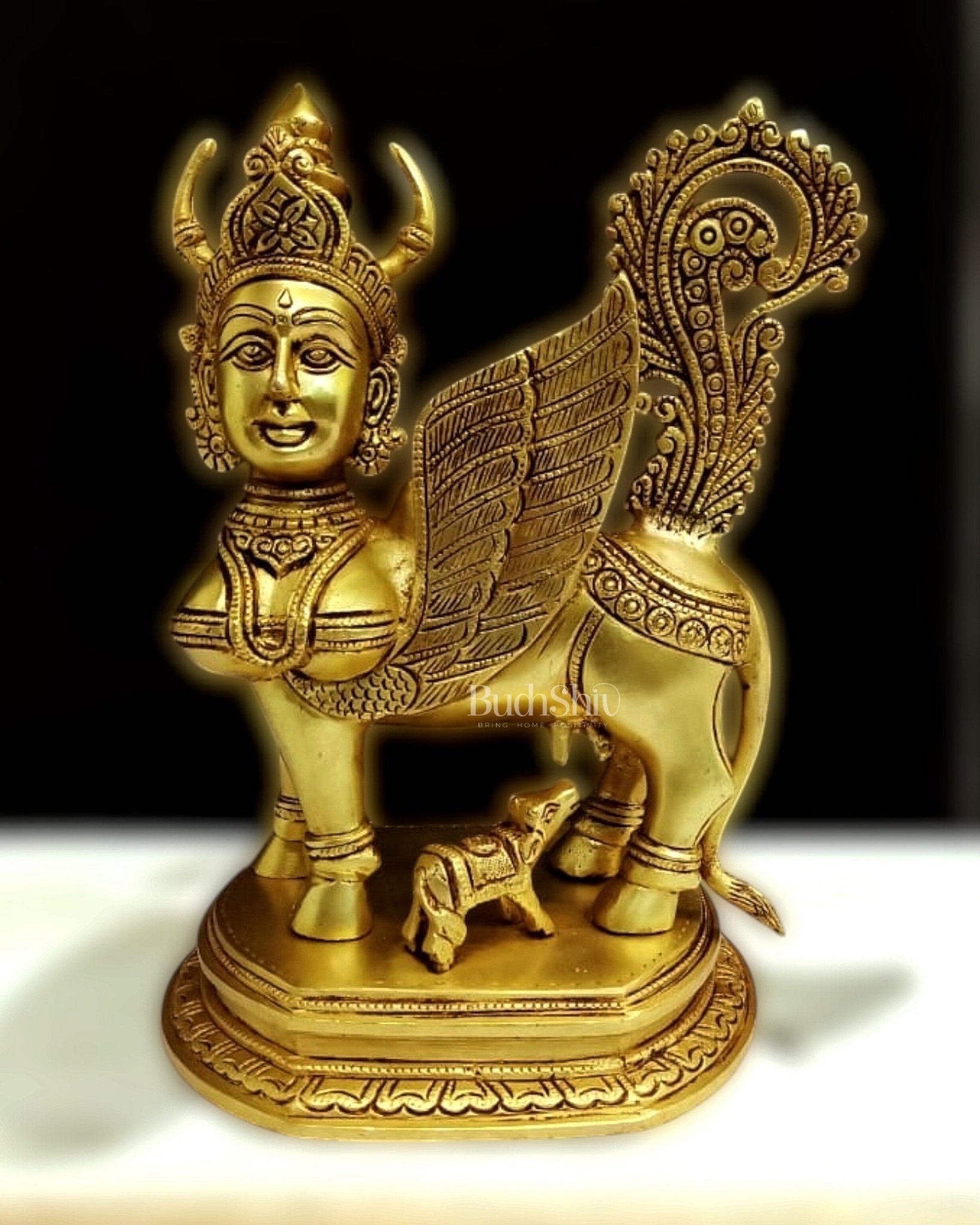 Handcrafted Brass Kamadhenu Cow with Calf Statue 10" - Eco-friendly - Sama Homes