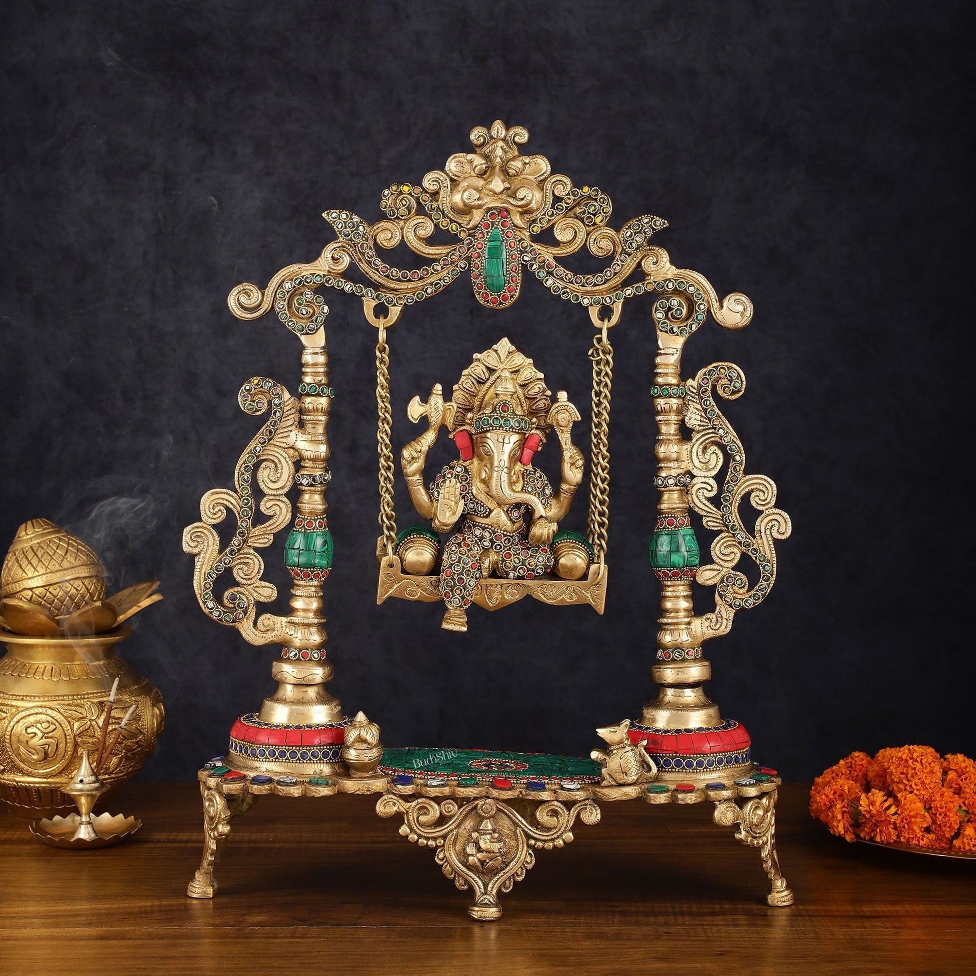 Handcrafted Brass Kirtimukha Ganesha on Swing with Stonework, 20" Height - Sama Homes Idol - Brass Sculpture - Eco-friendly - Sama Homes