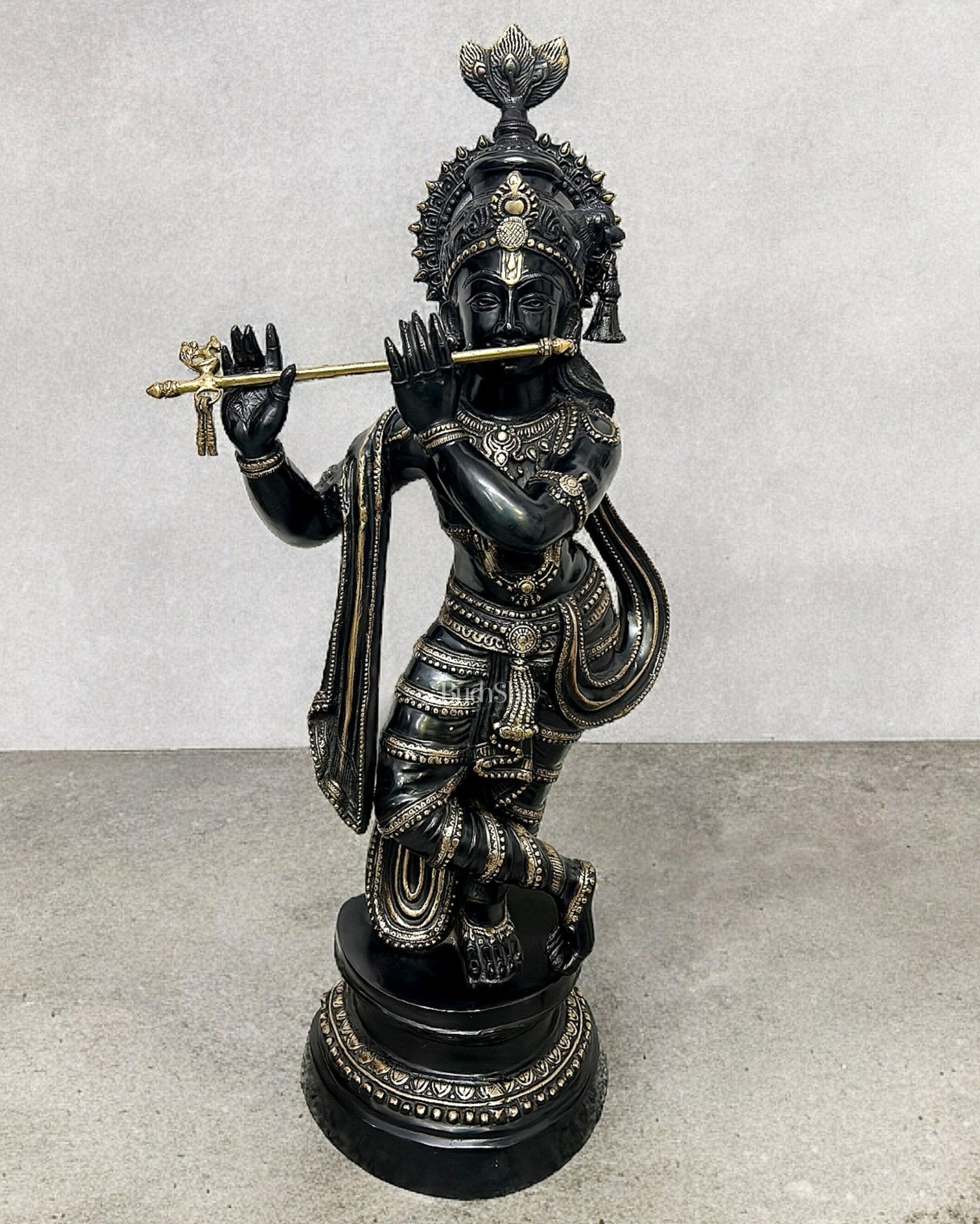 Handcrafted Brass Krishna Statue - Black and Gold Finish, 36" Height - Sama Homes Idol - Brass Sculpture - Eco-friendly - Sama Homes