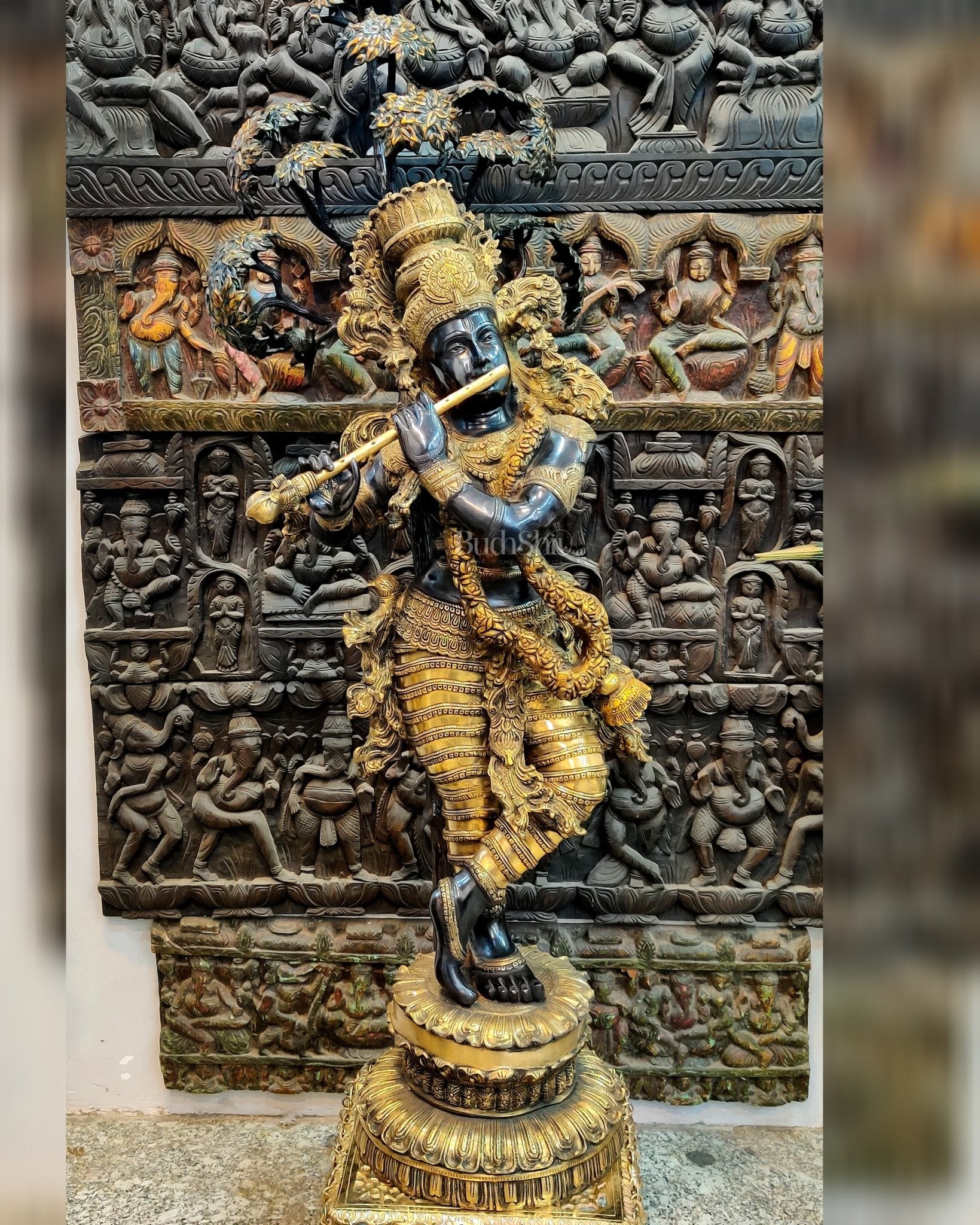Handcrafted Brass Krishna Statue with Tree - 57 inches - Sama Homes Idol - Brass Sculpture - Eco-friendly - Sama Homes