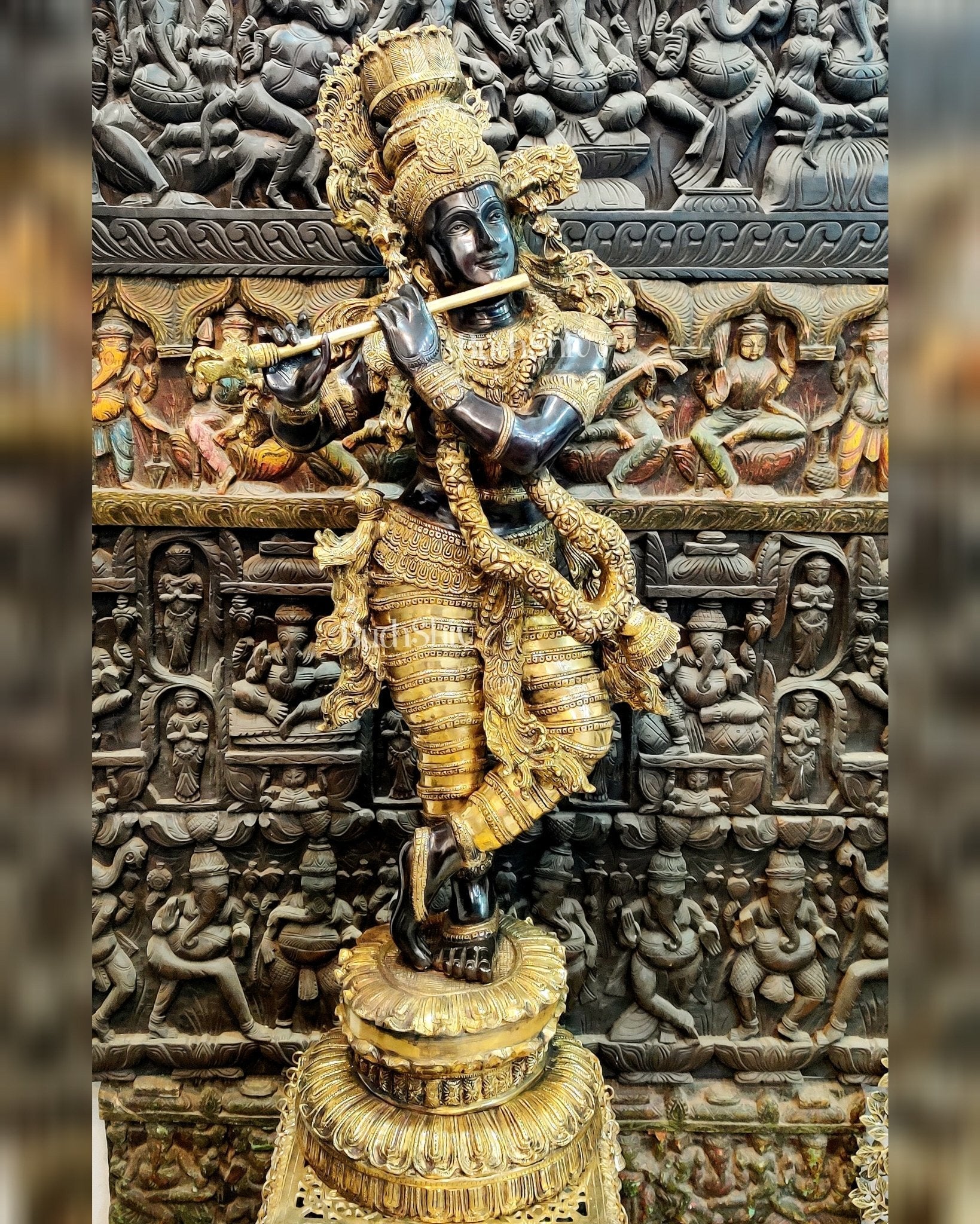 Handcrafted Brass Large Krishna Statue - 46 inch - Sama Homes Idol - Brass Sculpture - Eco-friendly - Sama Homes