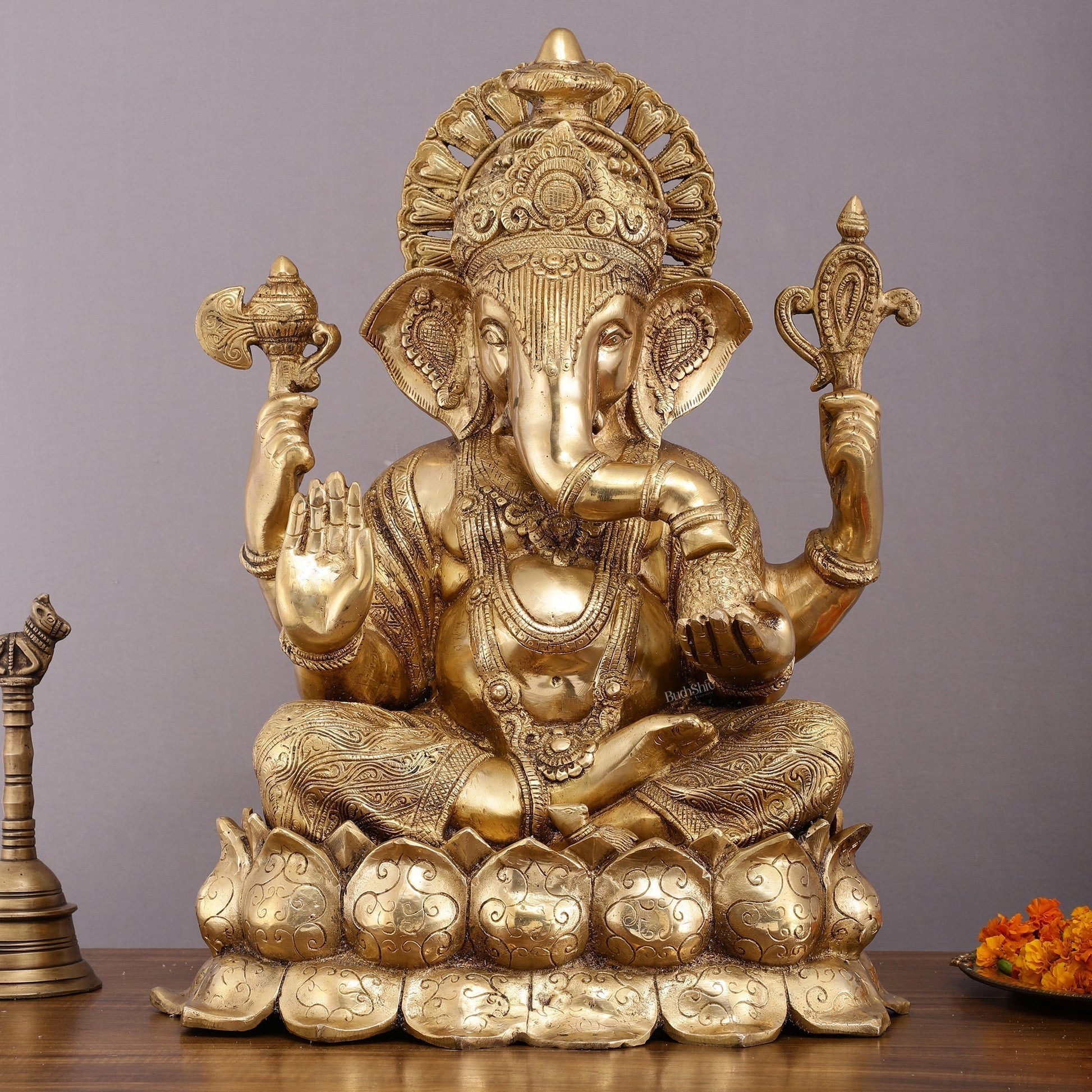 Handcrafted Brass Large Mangalkari Ganapati on Lotus Throne - 22" Statue - Sama Homes Idol - Brass Sculpture - Eco-friendly - Sama Homes