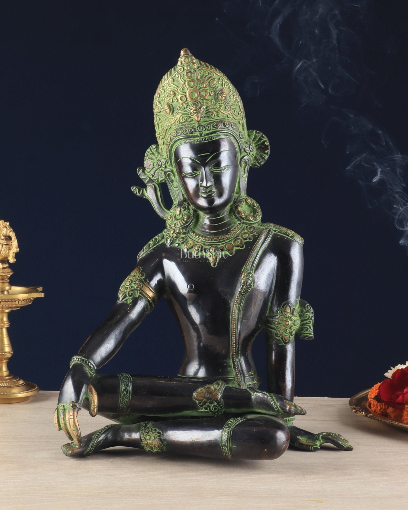 Handcrafted Brass Lord Indra Statue – Black and Green Finish, 14" - Sama Homes Idol - Brass Sculpture - Eco-friendly - Sama Homes