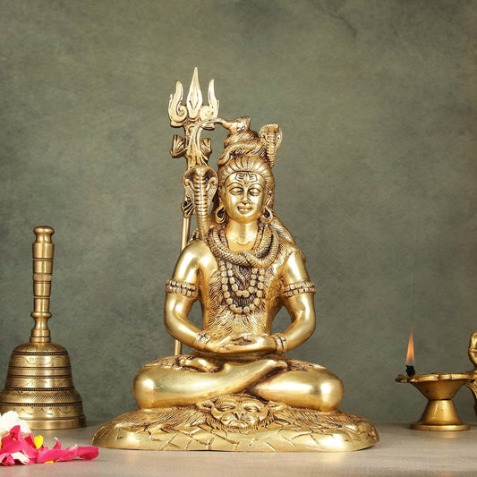 Handcrafted Brass Lord Shiva in meditation Statue  | Height 10.5 " - Sama Homes Idol - Brass Sculpture