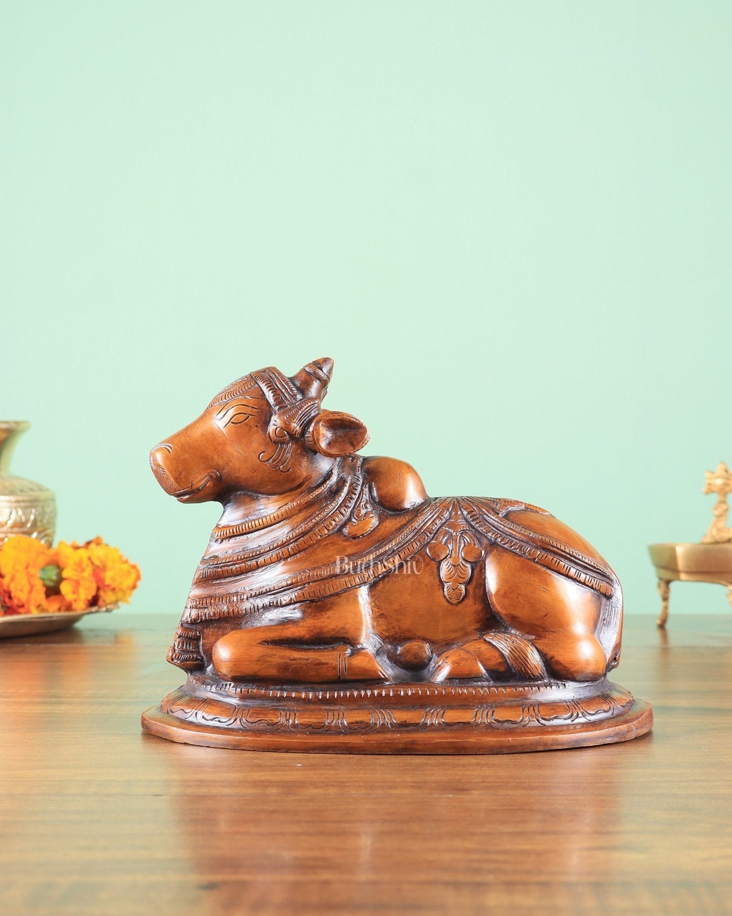 Handcrafted Brass Nandi Statue copper tone 8" - Sama Homes Idol - Brass Sculpture