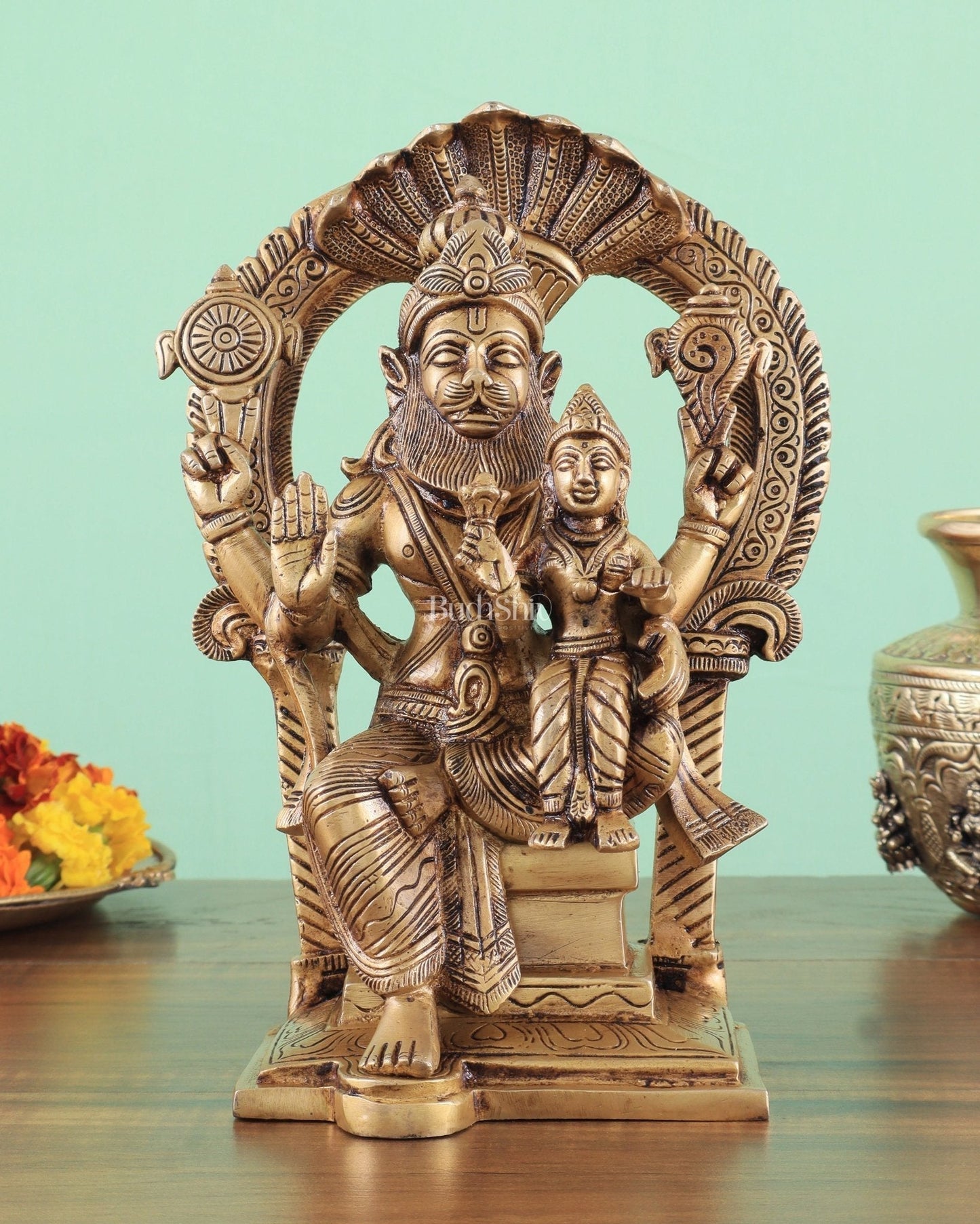 Handcrafted Brass Narsimha Lakshmi Statue | 8" Height - Sama Homes Idol - Brass Sculpture