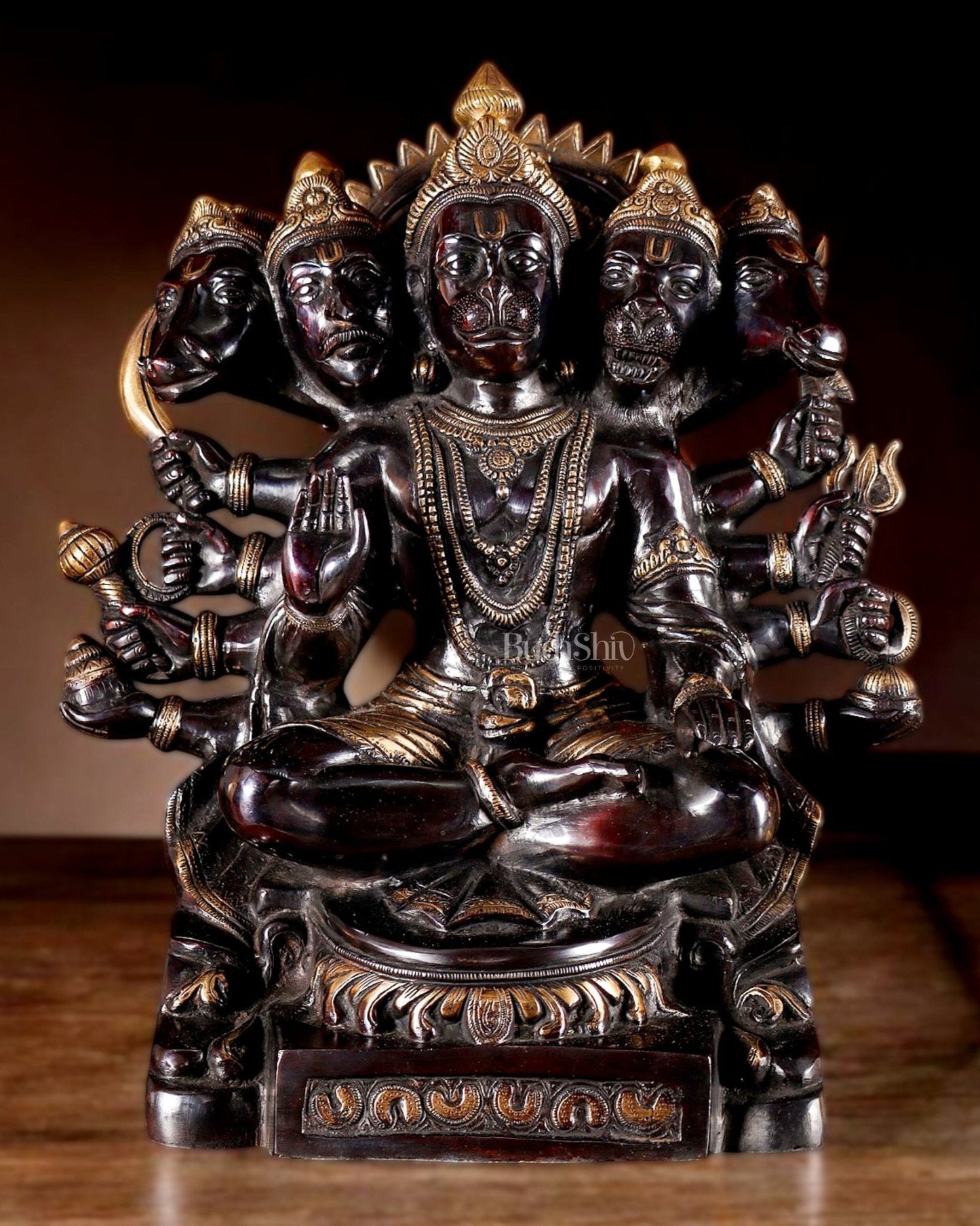 Handcrafted Brass Panchmukhi Hanuman Idol - Dual Tone black Gold - 17" - Sama Homes Idol - Brass Sculpture