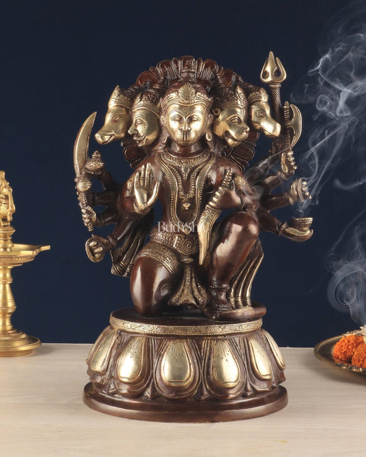 Handcrafted Brass Panchmukhi Hanuman Idol – Dual Tone Chola Finish, 13.5" - Sama Homes Idol - Brass Sculpture