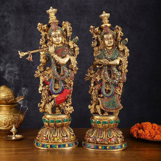 Handcrafted Brass Radha Krishna Statues - 21" Height, 18 KG Pair - Sama Homes Idol - Brass Sculpture