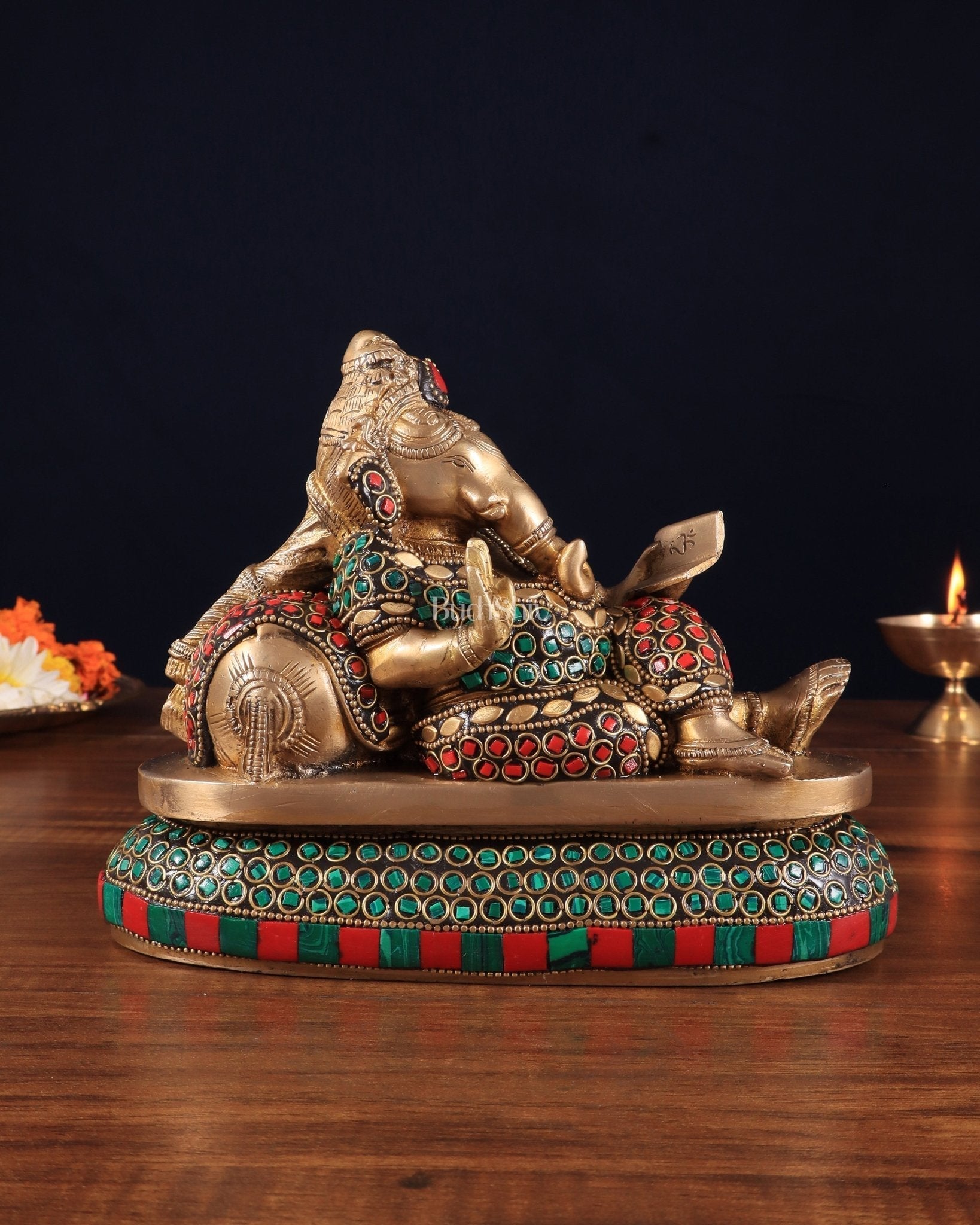 Handcrafted Brass Resting and reading Ganesha Table Accent stonework - 6 Inch - Sama Homes Idol - Brass Sculpture - Eco-friendly - Sama Homes