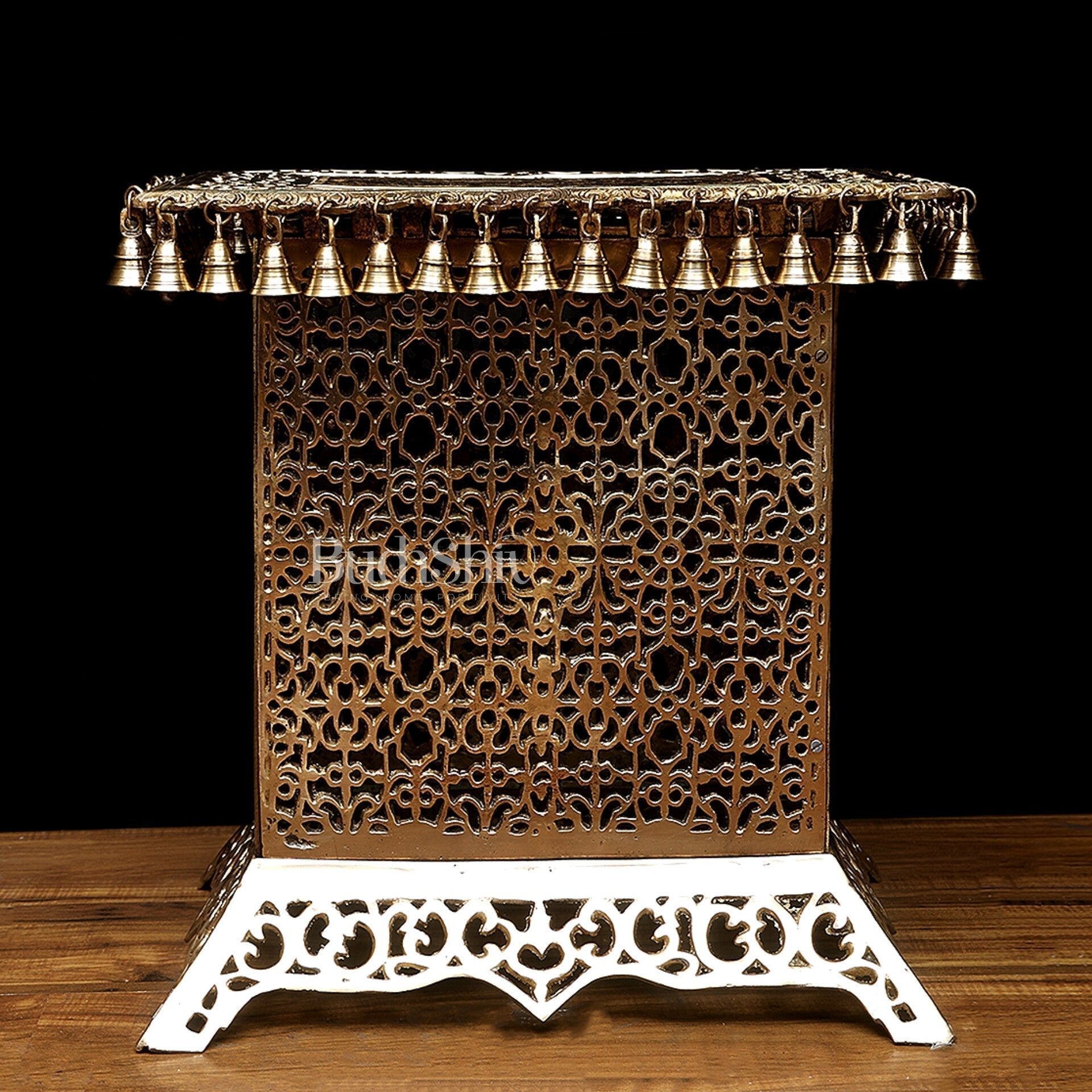 Handcrafted Brass Strong Stool/Chowki with Bells 21x21" - Eco-friendly - Sama Homes