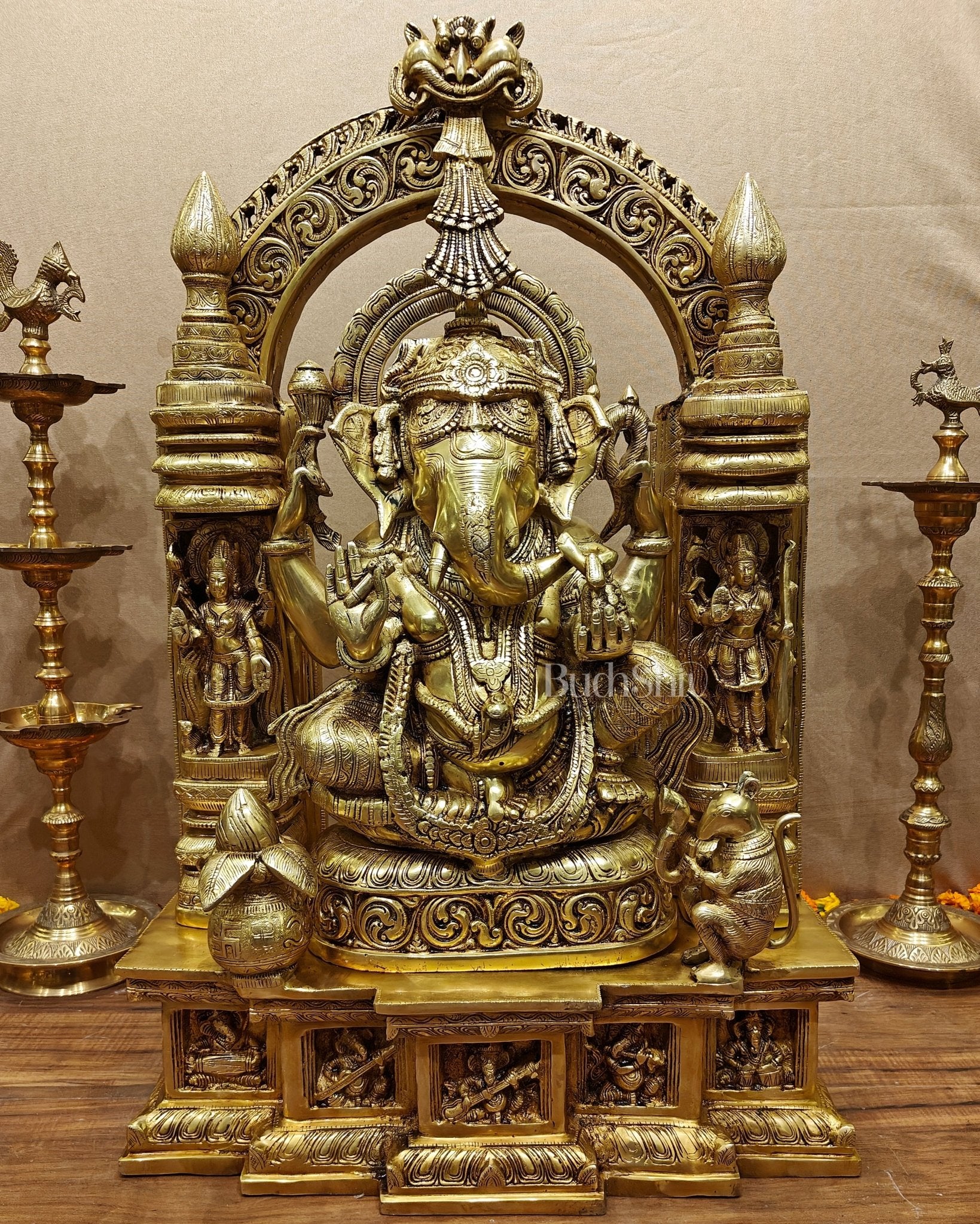 Handcrafted Brass Temple Ganesha Sculpture with Lakshmi and Saraswati | 33" Height - Sama Homes Idol - Brass Sculpture - Eco-friendly - Sama Homes