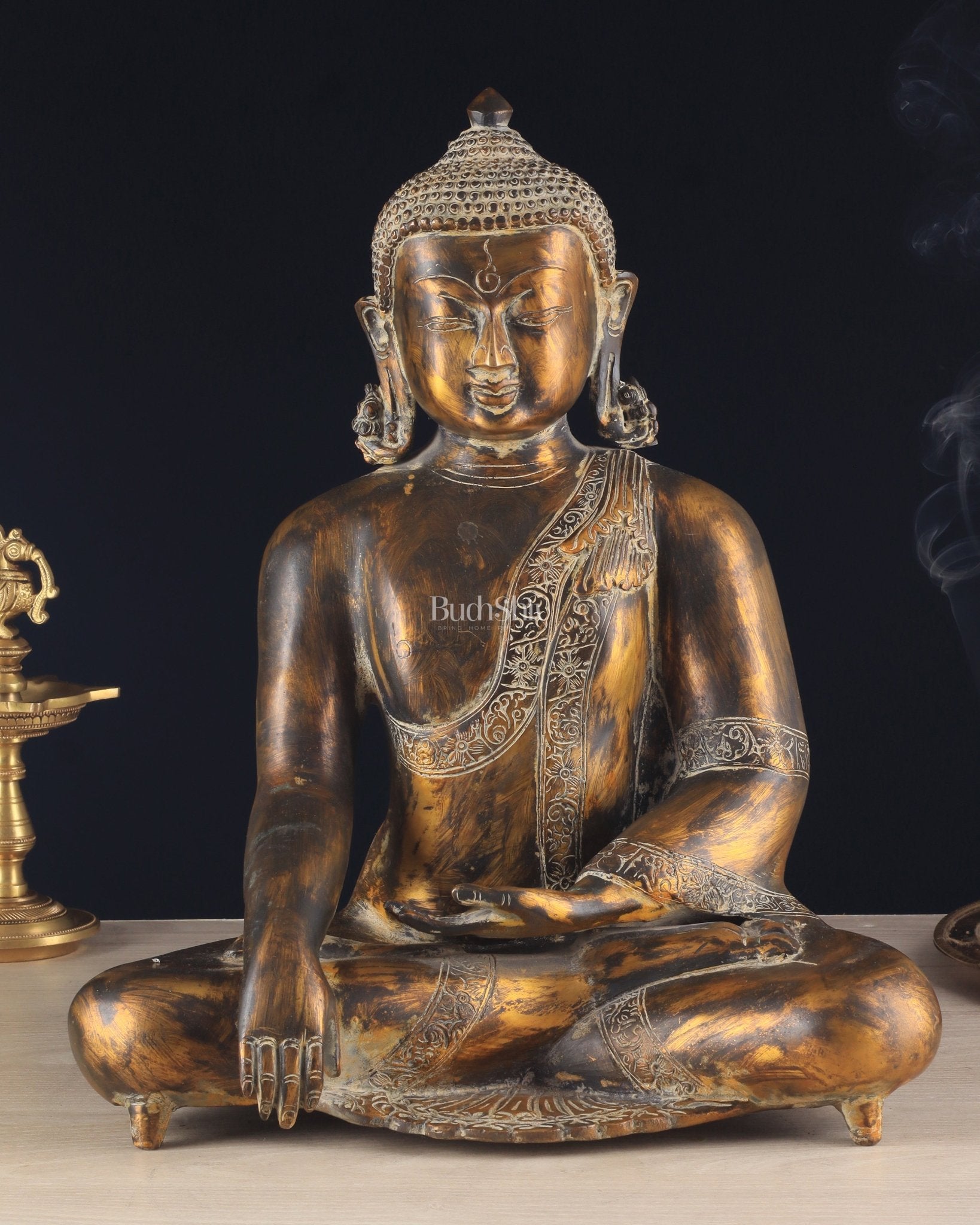 Handcrafted Fine Brass Buddha Statue | Bhoomisparsha Mudra |15" - Sama Homes Idol - Brass Sculpture - Eco-friendly - Sama Homes