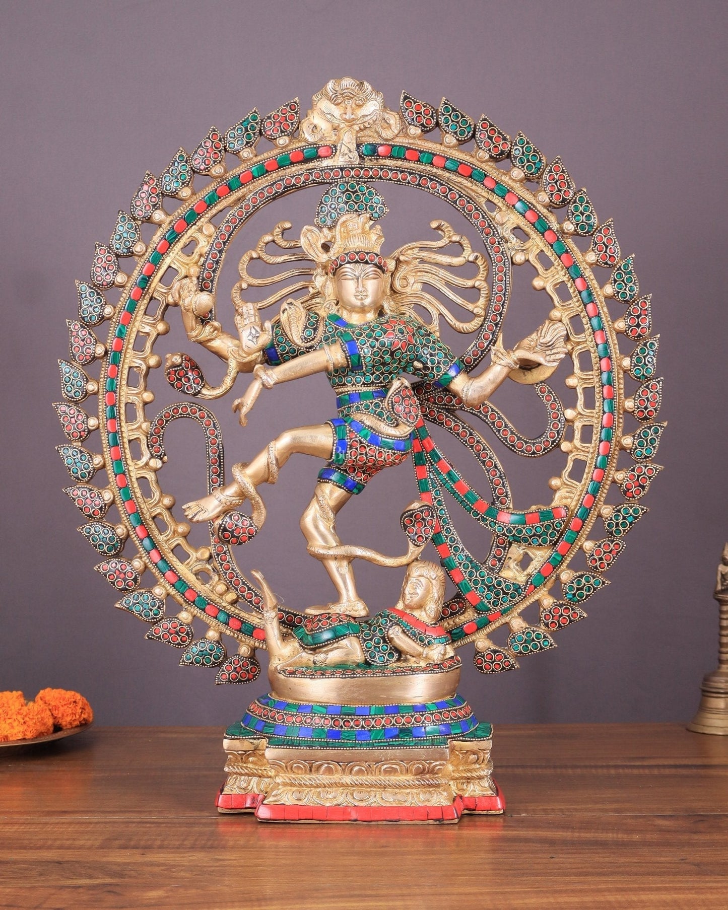 Handcrafted Fine Brass Nataraja Statue with Stonework - 20.5" Height - Sama Homes Idol - Brass Sculpture