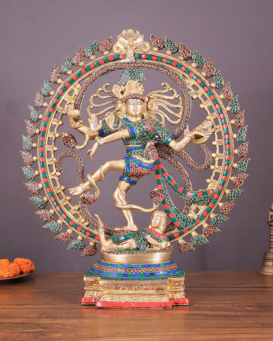 Handcrafted Fine Brass Nataraja Statue with Stonework - 20.5" Height - Sama Homes Idol - Brass Sculpture