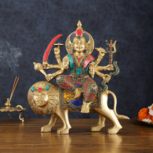 Handcrafted Goddess Durga/Sherawali Mata Statue – 14" Height, Intricate Stonework - Sama Homes Idol - Brass Sculpture