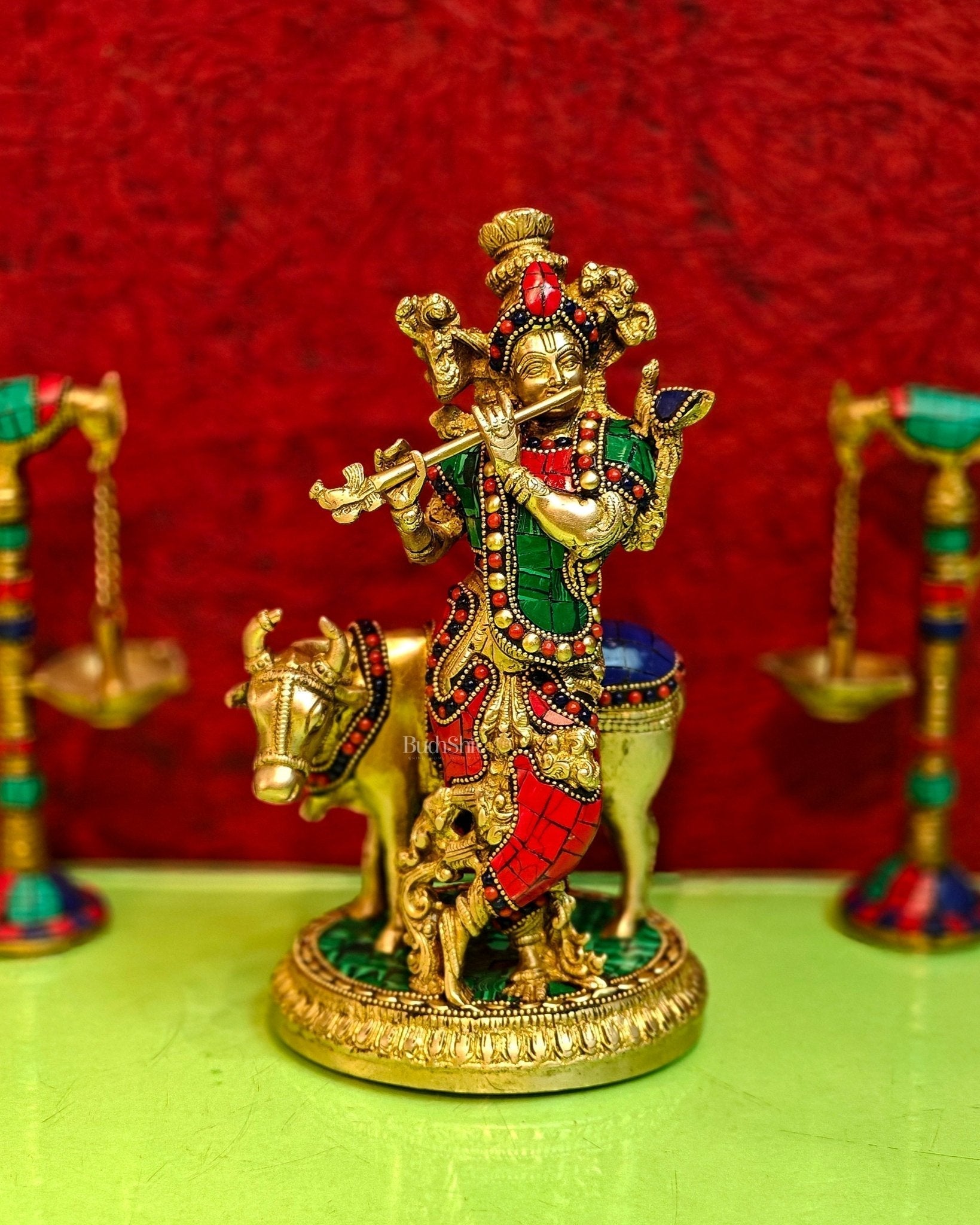 Handcrafted Krishna with Cow Brass Idol 10.5 inch - Sama Homes Idol - Brass Sculpture - Eco-friendly - Sama Homes