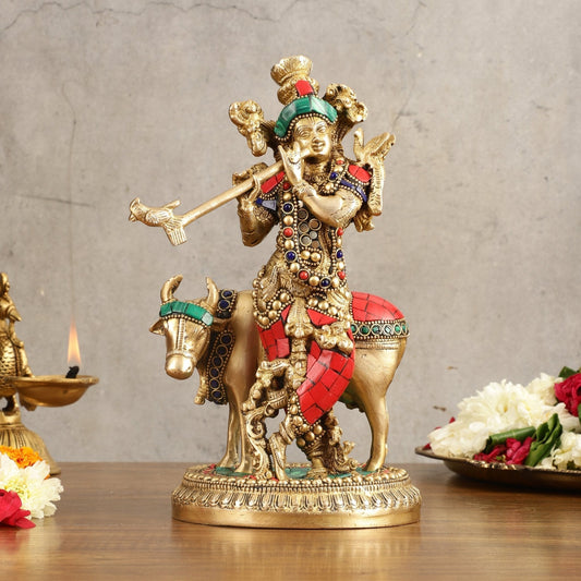 Handcrafted Krishna with Cow Brass Idol with Stonework - 10.5" Height - Sama Homes Idol - Brass Sculpture