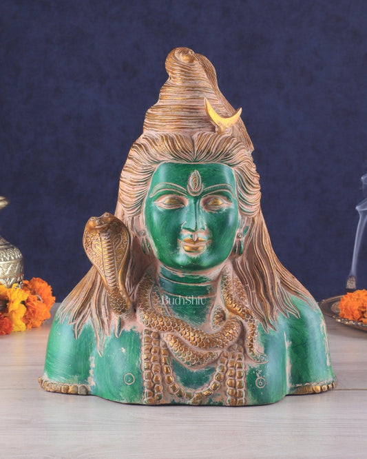 Handcrafted Lord Shiva Bust Statue - Superfine Brass 12" green sand patina - Sama Homes Idol - Brass Sculpture