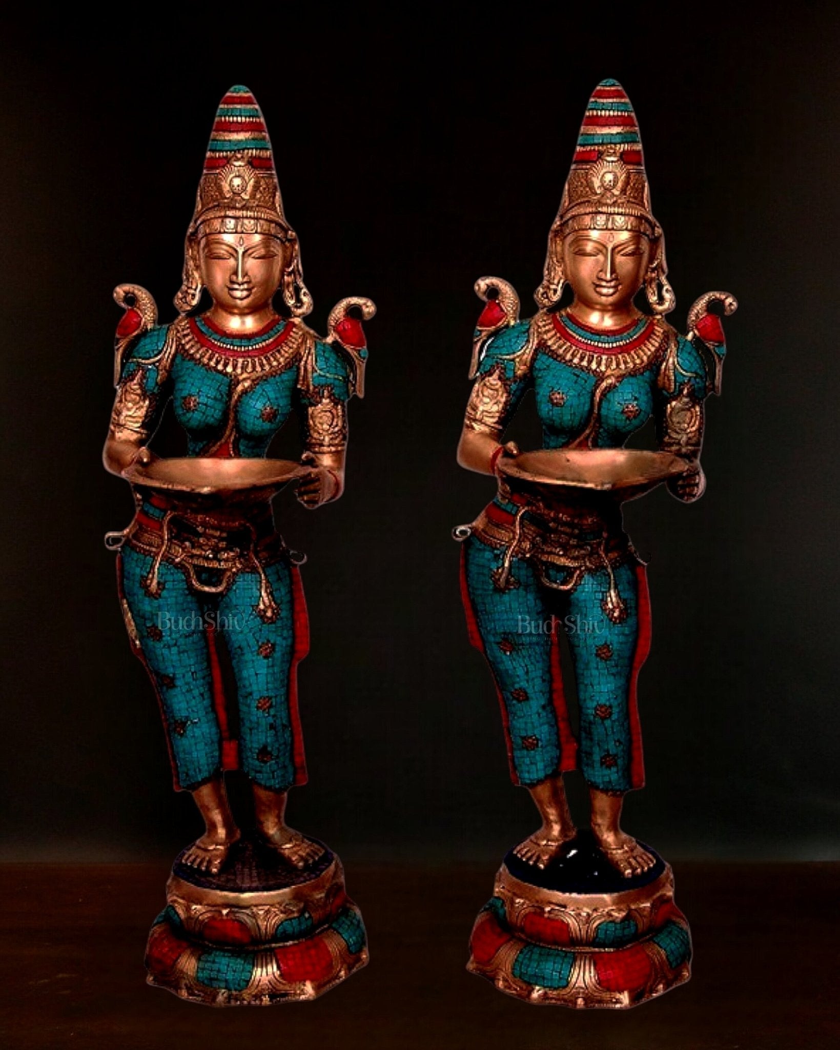 Handcrafted Pavaai Villaku Deep Lady Statue - 45 Inch Fine Brass (pair) - Sama Homes Idol - Brass Sculpture - Eco-friendly - Sama Homes