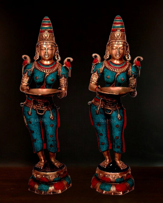 Handcrafted Pavaai Villaku Deep Lady Statue - 45 Inch Fine Brass (pair) - Sama Homes Idol - Brass Sculpture