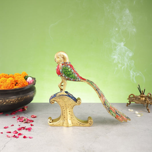 Handcrafted Peacock Showpiece: Pure Brass with Stonework |  13 inch - Sama Homes Idol - Brass Sculpture