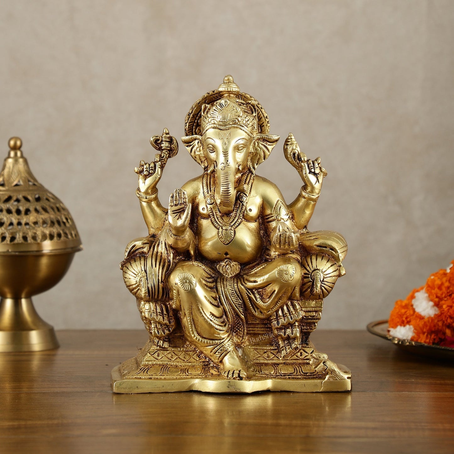 Handcrafted Pure Brass Ganesha Idol – 10" Height - Sama Homes Idol - Brass Sculpture