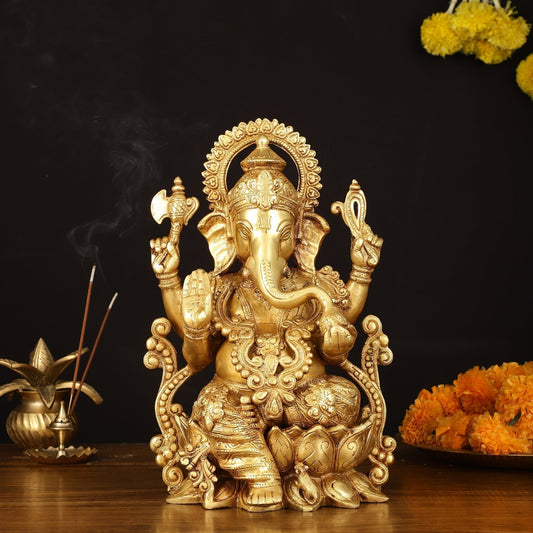 Handcrafted Pure Brass Ganesha Idol with Golden Finish - 12" Elegant Sculpture - Sama Homes Idol - Brass Sculpture