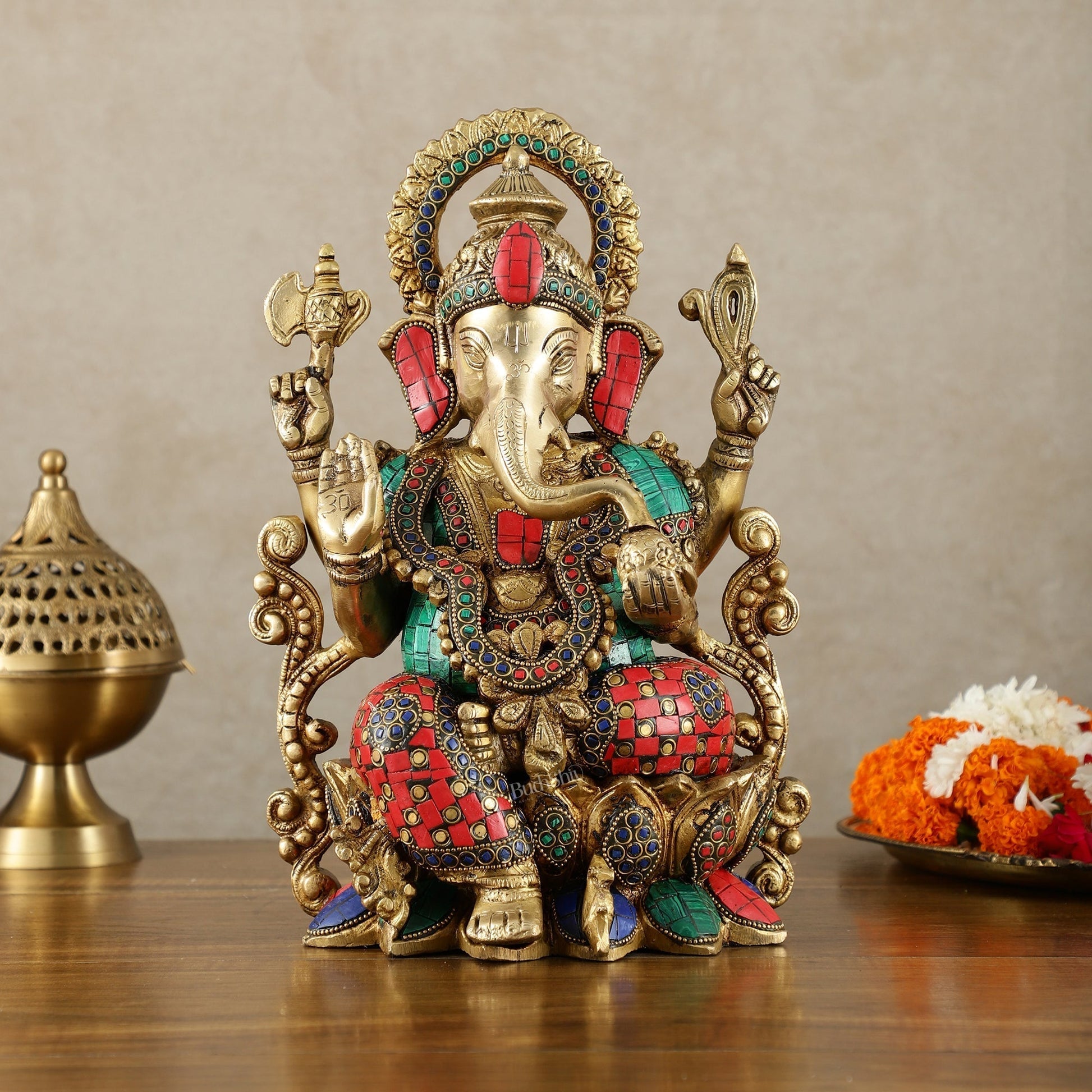 Handcrafted Pure Brass Ganesha Idol with Meenakari Stonework - 12.25 Inch - Sama Homes Idol - Brass Sculpture - Eco-friendly - Sama Homes