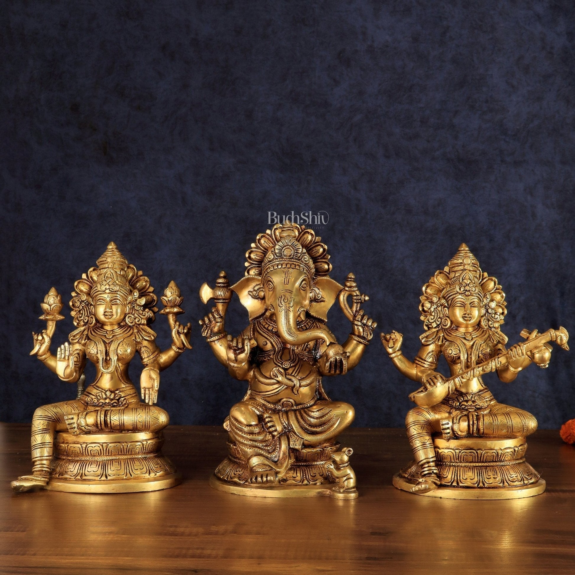 Handcrafted Pure Brass Ganesha Lakshmi Saraswati Set – 11.5" - Sama Homes Idol - Brass Sculpture - Eco-friendly - Sama Homes