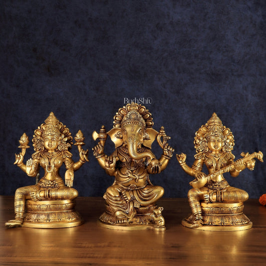 Handcrafted Pure Brass Ganesha Lakshmi Saraswati Set – 11.5" - Sama Homes Idol - Brass Sculpture