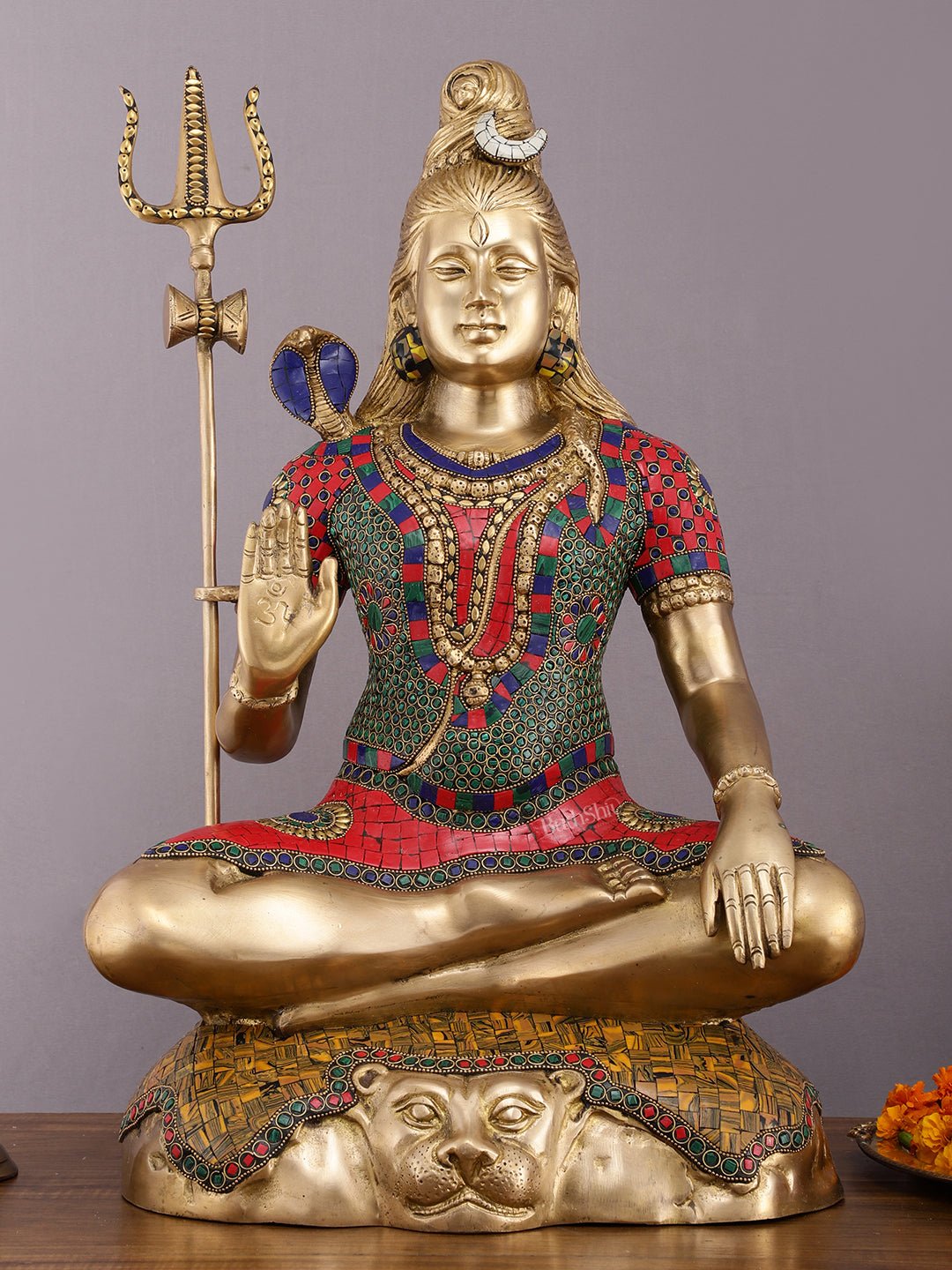 Handcrafted Pure Brass Lord Shiva Statue - 23" Height with Meenakari Stonework - Sama Homes Idol - Brass Sculpture - Eco-friendly - Sama Homes