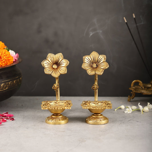 Handcrafted Pure Brass Oil Lamp Diya with Flower Handle - 6-inch - Sama Homes Idol - Brass Sculpture